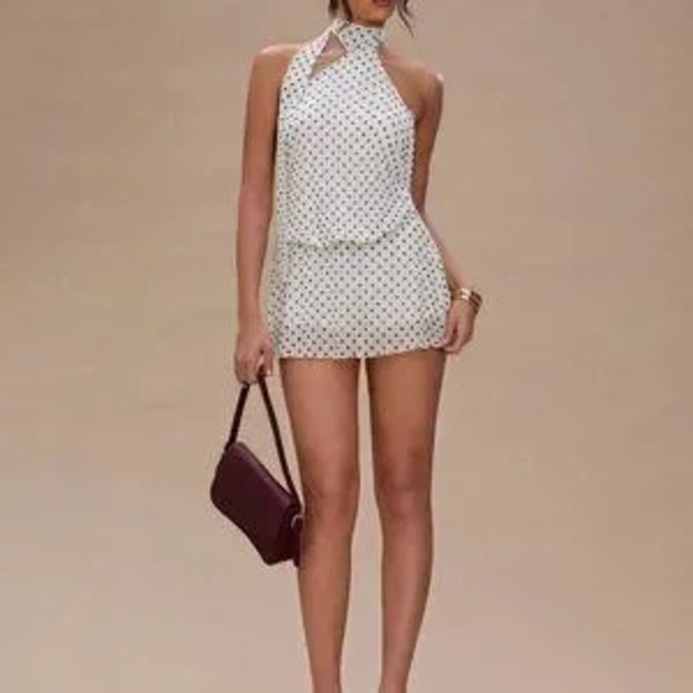 White Casual Women's Polka Dot Halter Mini Dress